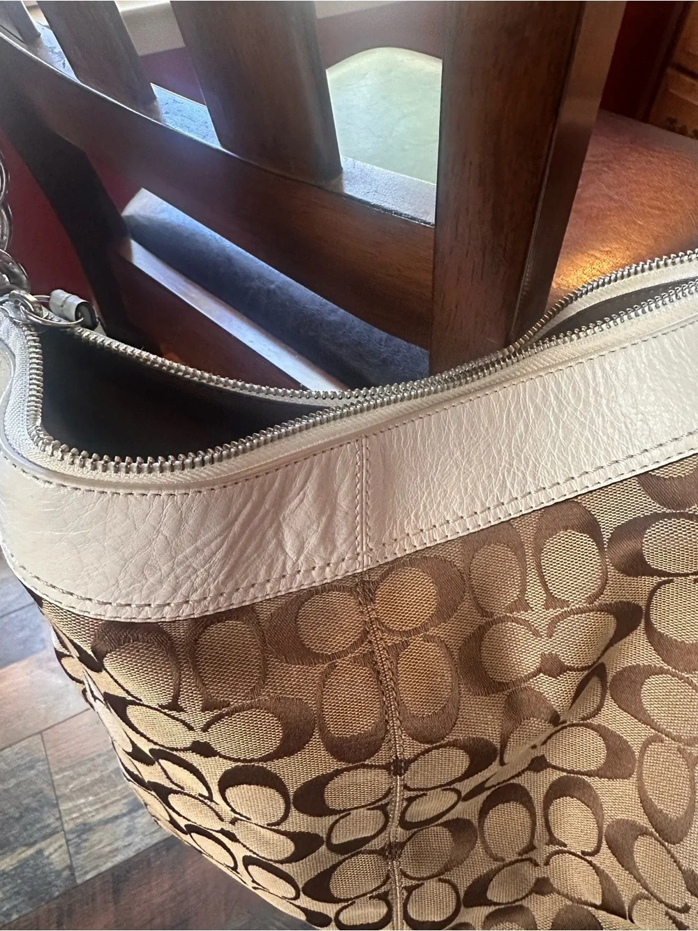 Coach Brown Signature Canvas Shoulder Bag with White Trim - Picture 8 of 12